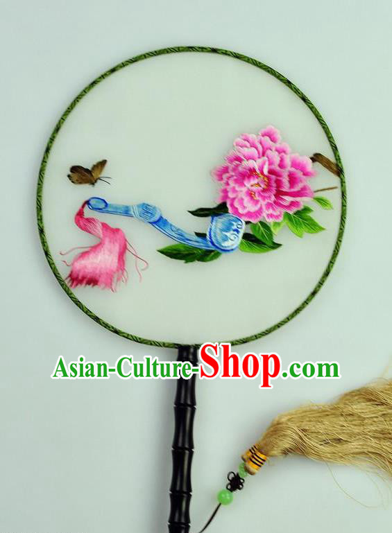 Chinese Traditional Embroidered Peony Silk Fans Craft Handmade Su Embroidery Palace Fan Round Fan