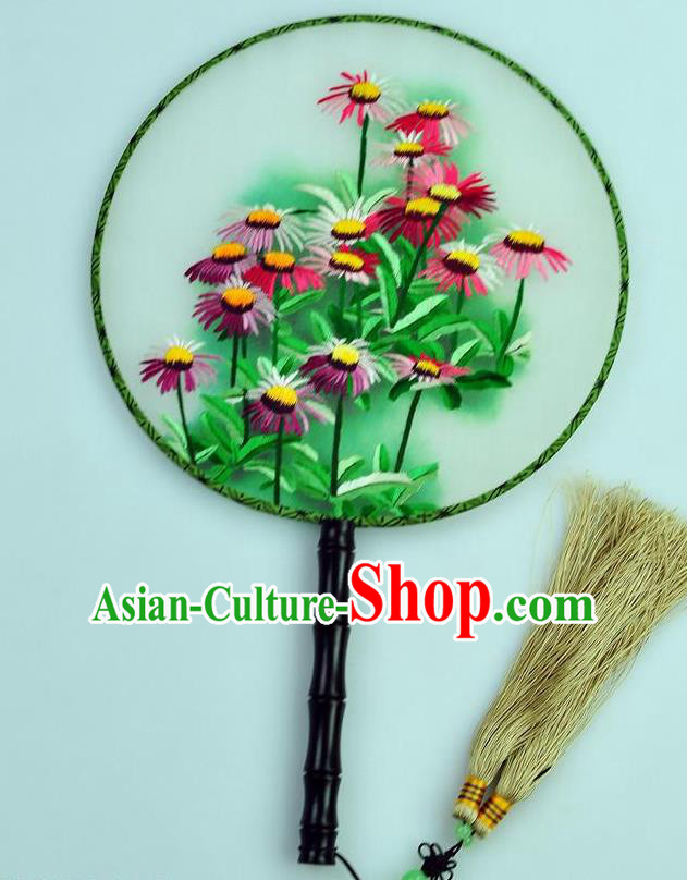 Chinese Traditional Embroidered Daisy Silk Fans Craft Handmade Su Embroidery Palace Fan Round Fan