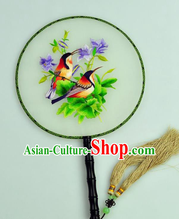 Chinese Traditional Embroidered Violet Silk Fans Craft Handmade Su Embroidery Flowers Birds Palace Fan Round Fan