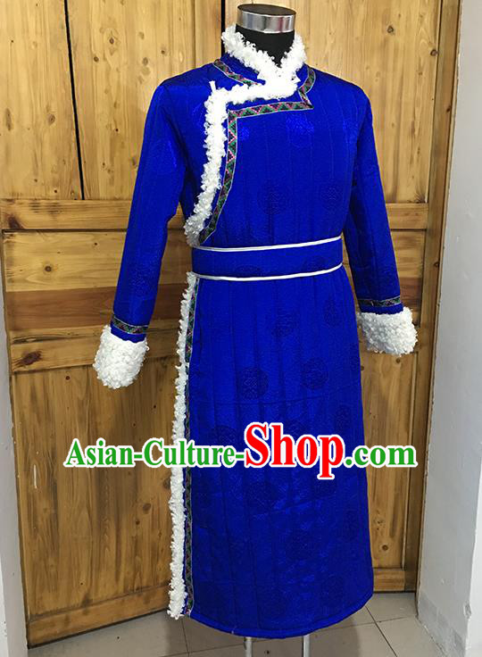 Chinese Mongolian Nationality Winter Garment Traditional Mongol Ethnic Minority Costume Royalblue Cotton Wadded Robe for Men
