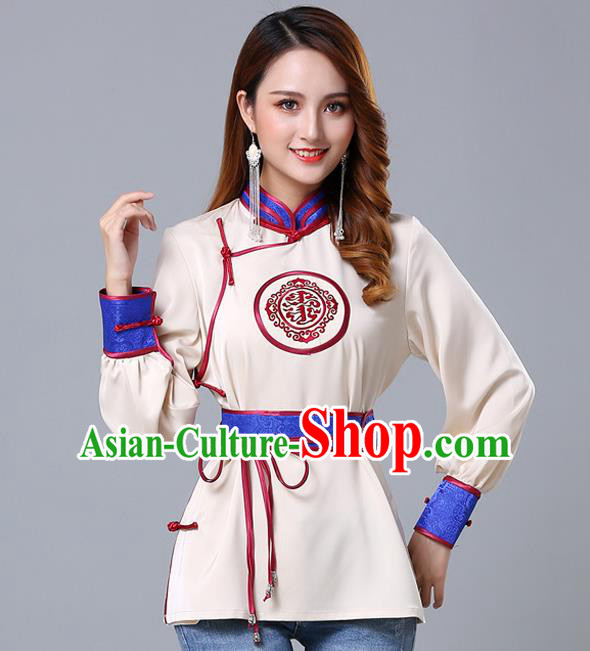 Chinese Traditional Mongolian Minority Beige Satin Blouse Mongol Ethnic Nationality Upper Outer Garment Costume for Women