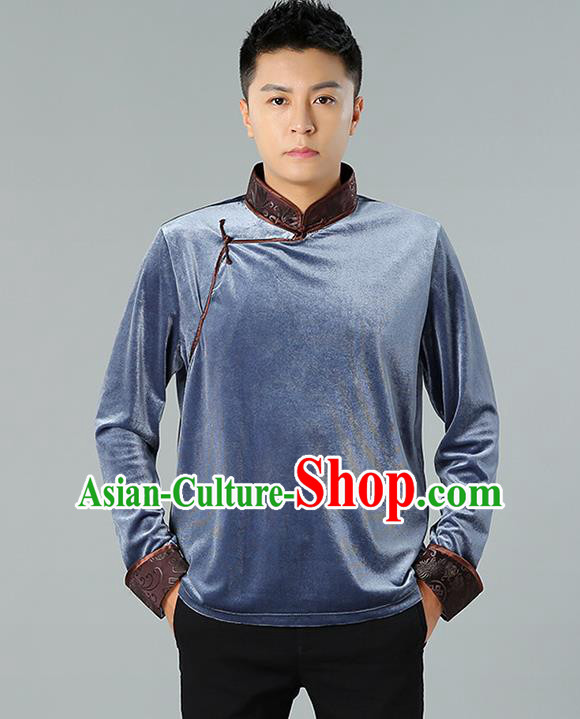 Chinese Mongolian Nationality Upper Outer Garment Traditional Mongol Ethnic Minority Costume Grey Pleuche Shirt for Men