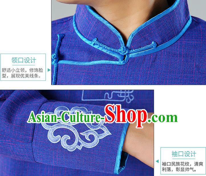 Chinese Mongolian Nationality Blue Linen Upper Outer Garment Traditional Mongol Ethnic Minority Shirt Costume for Men