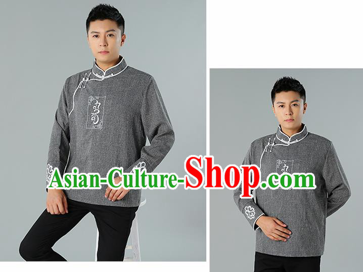 Chinese Mongolian Nationality Deep Grey Linen Upper Outer Garment Traditional Mongol Ethnic Minority Shirt Costume for Men