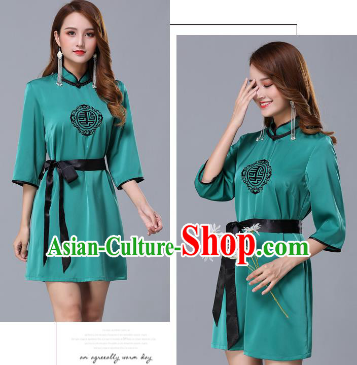 Chinese Traditional National Green Short Dress Mongolian Minority Garment Mongol Ethnic Nationality Costume for Women