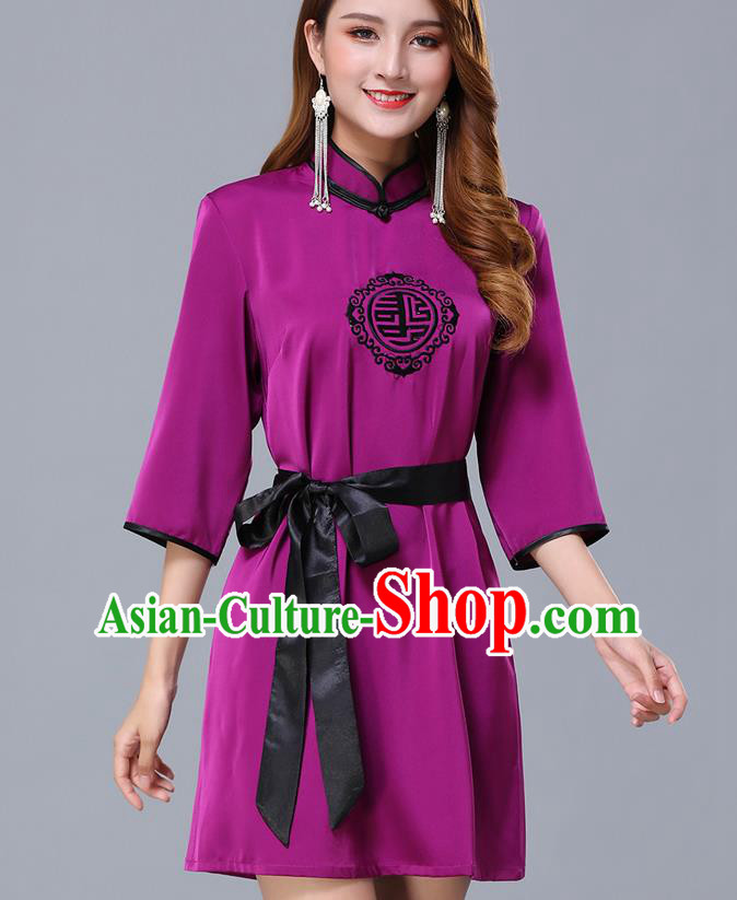 Chinese Traditional National Purple Short Dress Mongolian Minority Garment Mongol Ethnic Nationality Costume for Women
