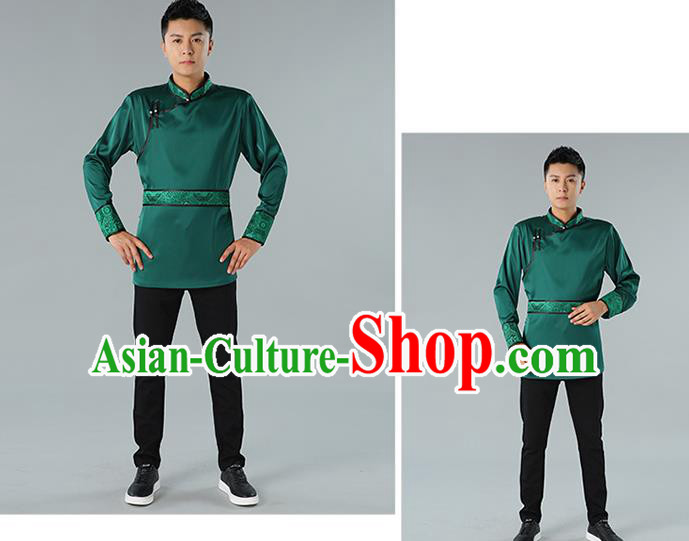 Chinese National Green Shirt Traditional Ethnic Upper Outer Garment Mongol Minority Informal Costume for Men