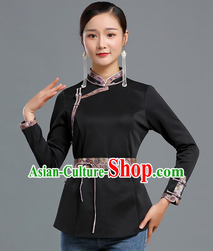 Traditional Chinese Ethnic Black Blouse Woman Apparels Mongol Minority Upper Outer Garment Mongolian Nationality Informal Costume