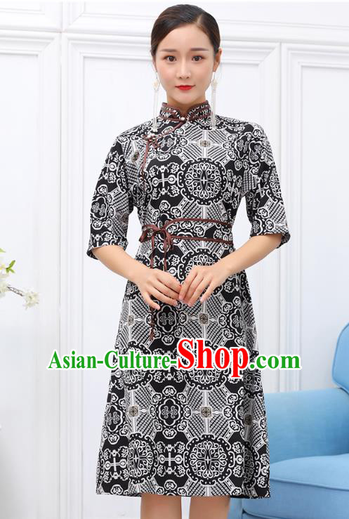 Traditional Chinese Ethnic Woman Black Dress Mongol Minority Garment Costume Mongolian Nationality Informal Apparels
