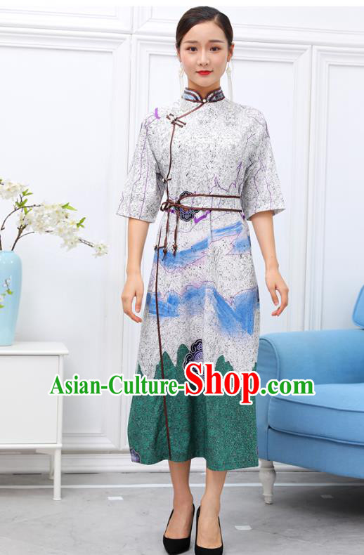 Traditional Chinese Ethnic White Chiffon Dress Mongol Minority Garment Costume Mongolian Nationality Informal Apparels for Woman