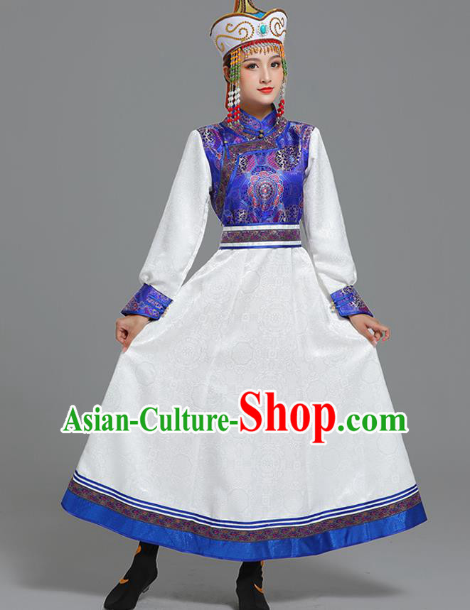 Traditional Chinese Ethnic Folk Dance Costume Mongol Minority White Dress Garment Mongolian Nationality Women Apparels