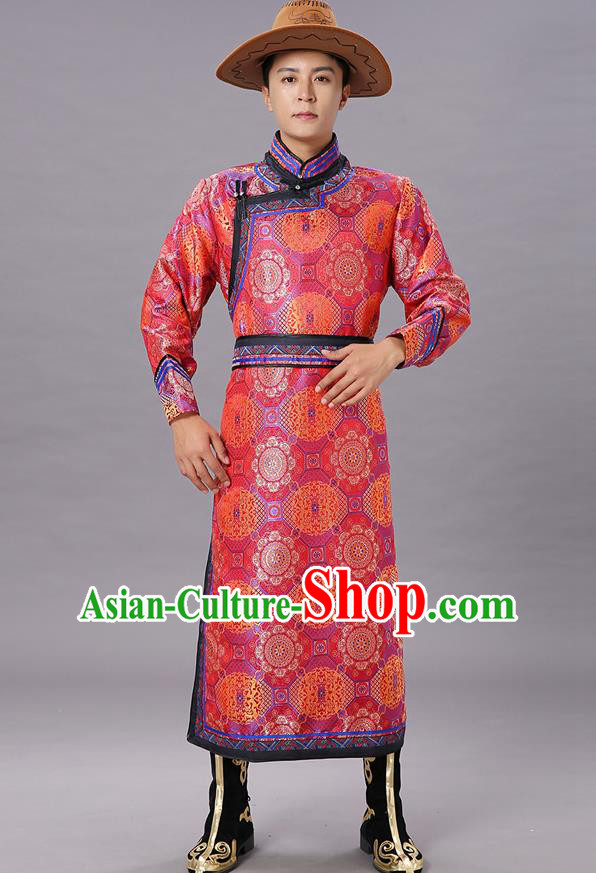 Chinese Traditional Ethnic Dance Garment Mongol Minority Costume Red Brocade Mongolian Robe for Men