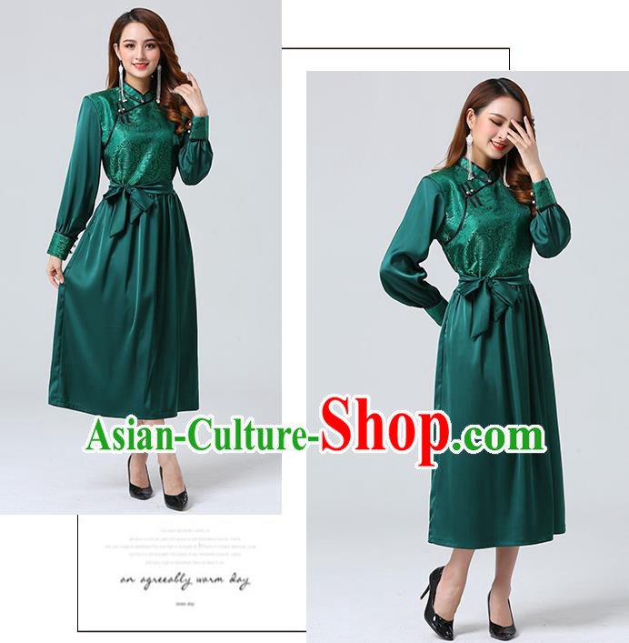 Traditional Chinese Mongol Minority Ethnic Costume Garment Mongolian Nationality Women Deep Green Dress Apparels