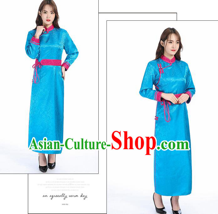 Traditional Chinese Mongol Minority Blue Brocade Mongolian Robe Apparels Ethnic Costume Mongolian Nationality Women Garment Dress