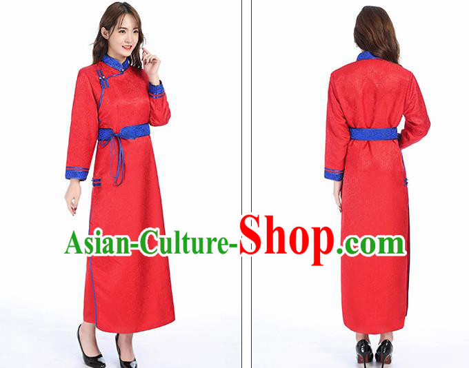 Traditional Chinese Mongol Minority Red Brocade Mongolian Robe Apparels Ethnic Costume Mongolian Nationality Women Garment Dress