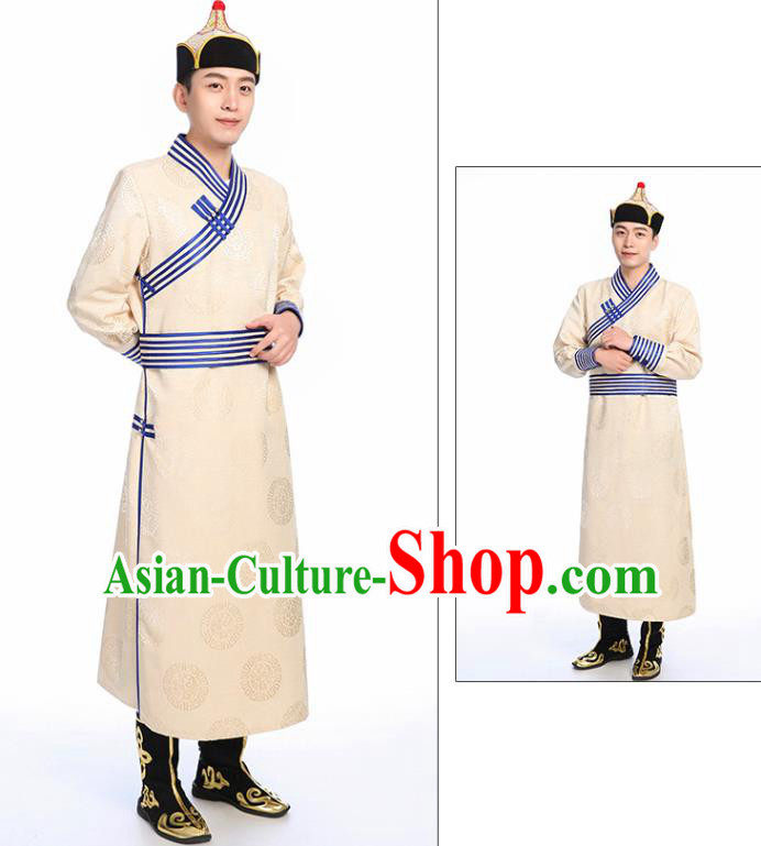 Chinese Traditional Ethnic Beige Mongolian Robe Mongolian Men Dance Garment Mongol Minority Stage Performance Costume