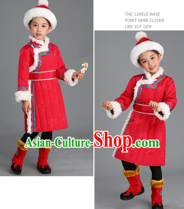Traditional Chinese Mongol Minority Kids Red Mongolian Robe Winter Apparels Ethnic Costume Mongolian Nationality Children Garment