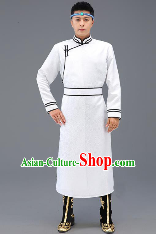 Chinese Traditional Men White Brocade Mongolian Robe Ethnic Dance Garment Mongol Minority Wedding Costume