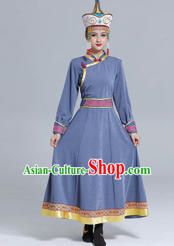 Traditional Chinese Mongol Minority Wedding Mongolian Robe Dance Apparels Mongolian Nationality Costume Ethnic Women Grey Dress Garment