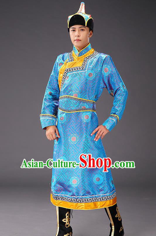 Chinese Traditional Blue Brocade Mongolian Robe Costume Mongol Minority Ethnic Men Garment