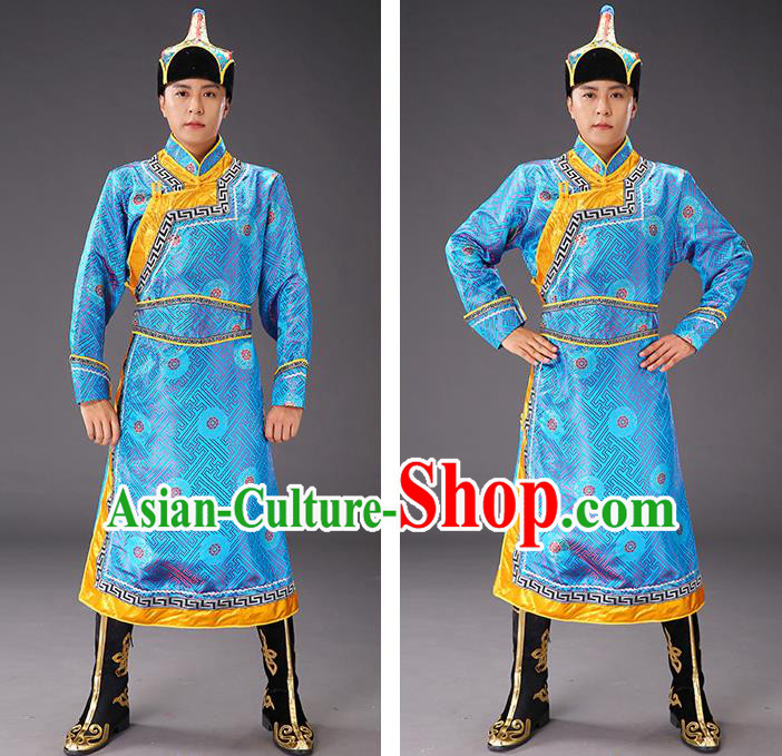 Chinese Traditional Blue Brocade Mongolian Robe Costume Mongol Minority Ethnic Men Garment