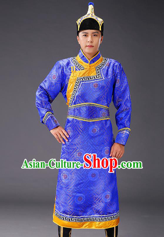 Chinese Traditional Royalblue Brocade Mongolian Robe Costume Mongol Minority Ethnic Men Garment