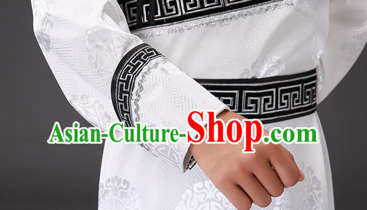 Chinese Traditional Mongol Minority Men White Mongolian Robe Costume Ethnic Stage Performance Garment