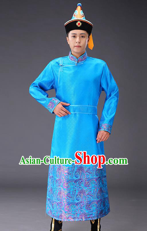 Chinese Traditional Mongol Minority Men Costume Ethnic Stage Performance Garment Blue Brocade Mongolian Robe