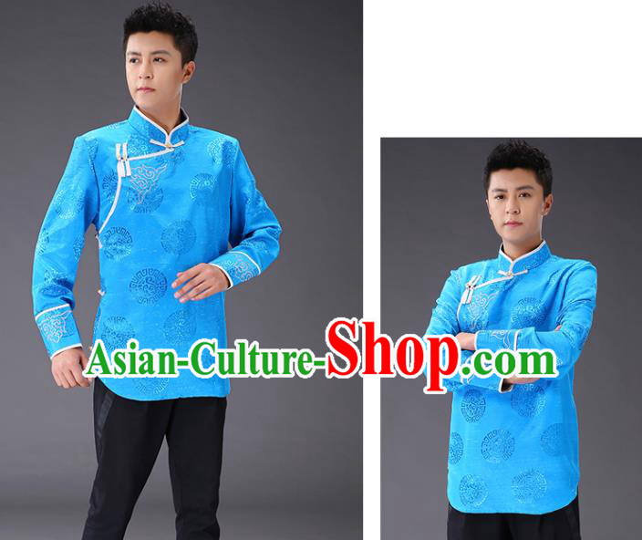 Chinese Traditional Mongol Minority Costume Ethnic Men Shirt Garment Mongolian Light Blue Jacket