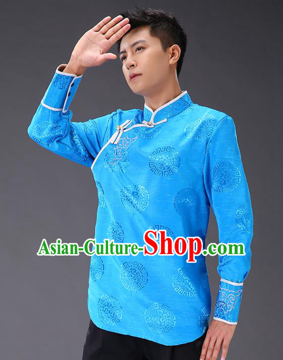 Chinese Traditional Mongol Minority Costume Ethnic Men Shirt Garment Mongolian Light Blue Jacket