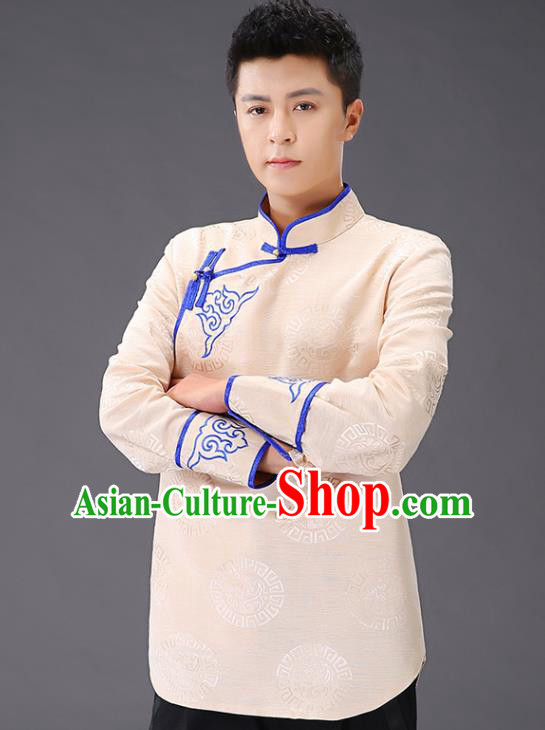 Chinese Traditional Mongol Minority Costume Ethnic Men Shirt Garment Mongolian Beige Jacket
