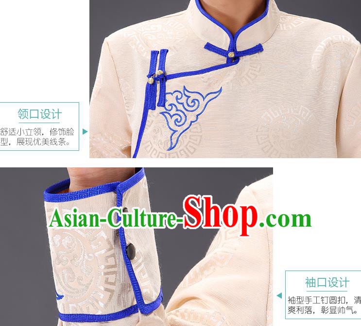 Chinese Traditional Mongol Minority Costume Ethnic Men Shirt Garment Mongolian Beige Jacket