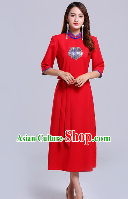Traditional Chinese Ethnic Women Red Informal Dress Mongol Minority Garment Mongolian Nationality Apparels Costume
