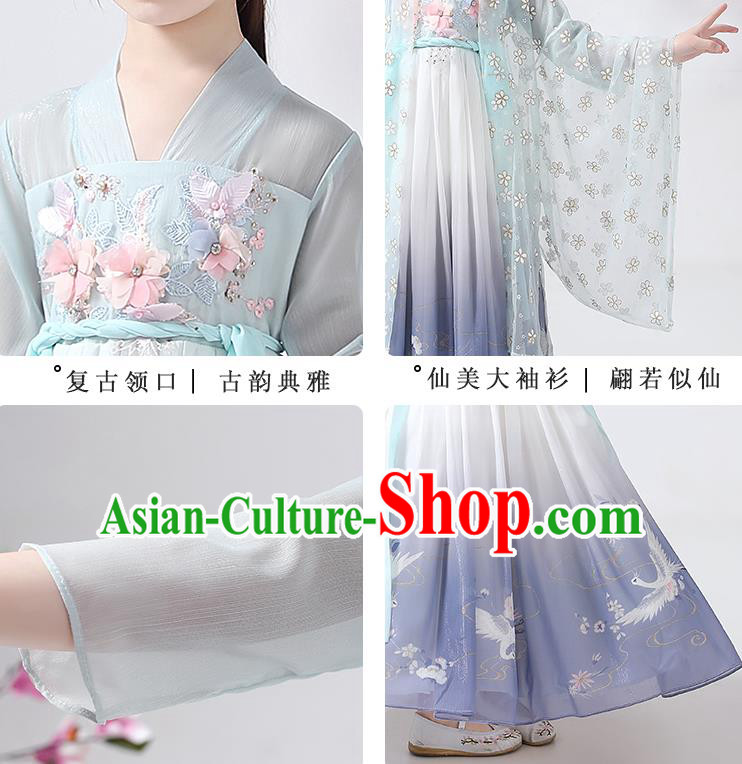 Chinese Traditional Printing Hanfu Dress Ancient Princess Costumes Stage Show Girl Green Cape Blouse and Skirt Apparels for Kids