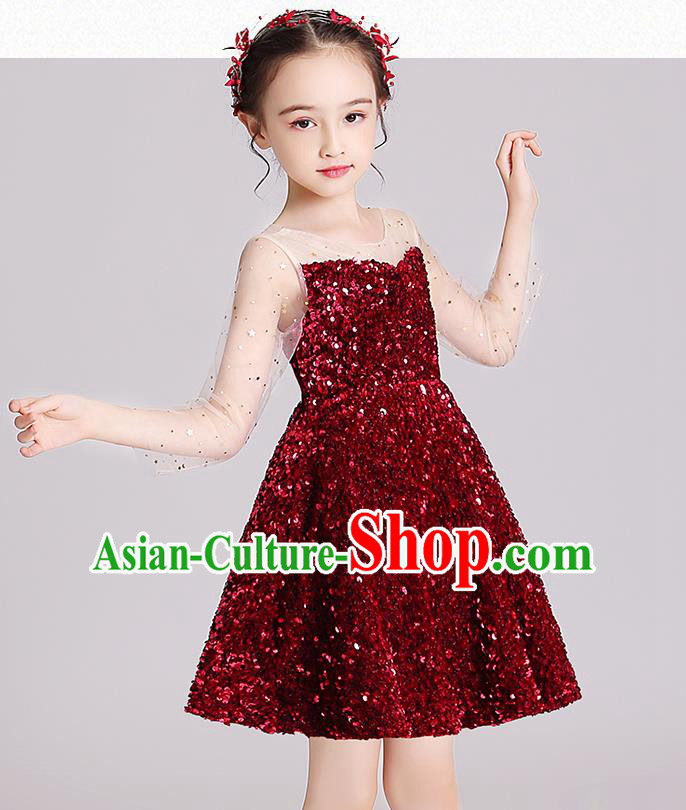 Top Grade Stage Show Red Short Dress Children Girls Birthday Costume Compere Full Dress