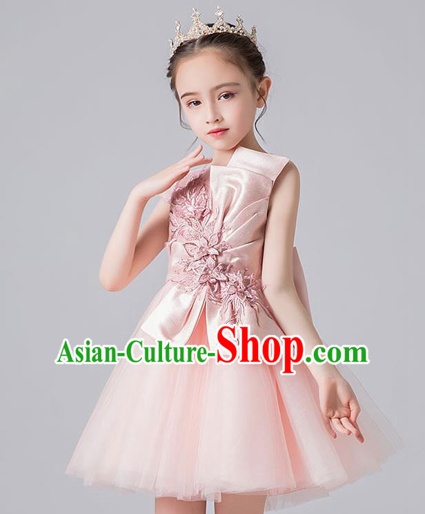 Professional Stage Show Pink Veil Bubble Dress Girls Birthday Costume Children Top Grade Compere Short Bowknot Full Dress