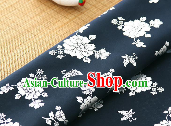 Asian Korea Classical Peony Pattern Navy Silk Fabric Korean Traditional Fashion Drapery Hanbok Material