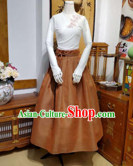 Korean Traditional Dance Blouse and Ginger Satin Skirt Asian Korea National Fashion Costumes Women Hanbok Apparels