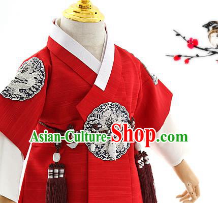 Asian Korea Kids Red Vest Shirt and Pants Dress Korean Boys Birthday Fashion Traditional Hanbok Apparels Costumes