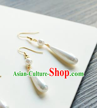Handmade Chinese Women Cheongsam White Pearl Ear Accessories Classical Hanfu Earrings