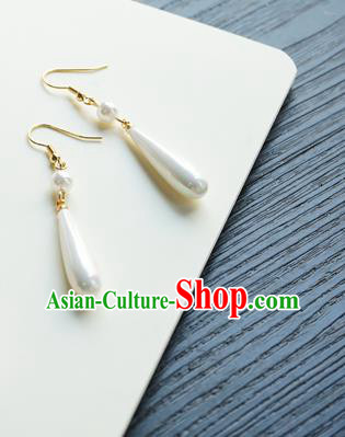 Handmade Chinese Women Cheongsam White Pearl Ear Accessories Classical Hanfu Earrings