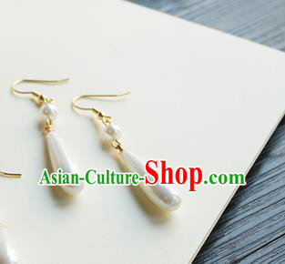 Handmade Chinese Women Cheongsam White Pearl Ear Accessories Classical Hanfu Earrings