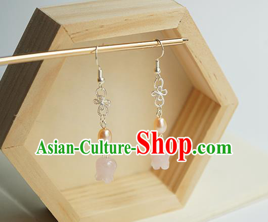 Handmade Chinese Classical Pink Convallaria Ear Accessories Ancient Women Hanfu Pearl Earrings