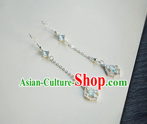 Handmade Chinese Blue Crystal Ear Accessories Ancient Women Hanfu Classical Cheongsam Earrings