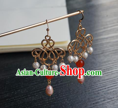 Handmade Chinese Women Hanfu Ear Accessories Ancient Court Golden Eardrop Classical Earrings