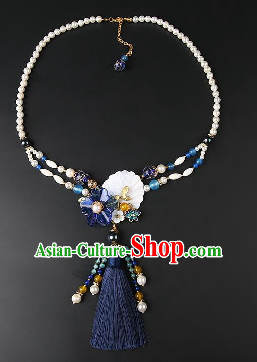 Chinese Handmade Navy Tassel Necklet Classical Jewelry Accessories Ancient Hanfu Pearls Necklace for Women