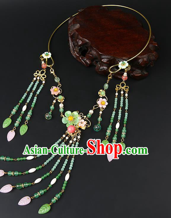 Chinese Handmade Ming Dynasty Green Beads Necklet Classical Jewelry Accessories Ancient Hanfu Tassel Necklace for Women
