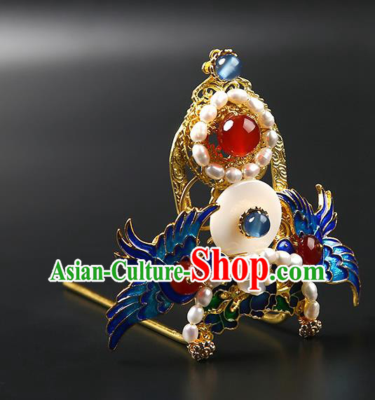 Chinese Classical Qing Dynasty Blueing Cranes Hair Crown Hanfu Hair Accessories Handmade Ancient Empress Pearls Hairpins for Women