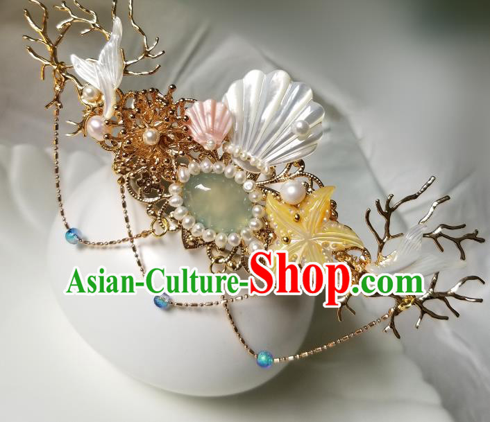 Chinese Classical Pearls Hair Crown Hanfu Hair Accessories Handmade Ancient Song Dynasty Shell Hairpins for Women