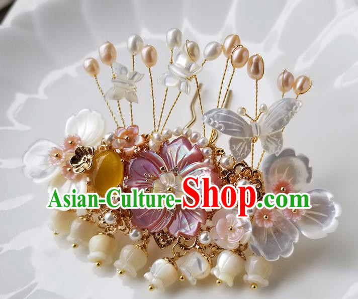 Chinese Classical Shell Butterfly Hair Clip Hanfu Hair Accessories Handmade Ancient Queen Convallaria Hairpins for Women